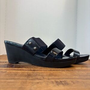 Lauren Ralph Lauren Sandals Womens 9B Navy Blue Rhianna Slides Wedge Leather